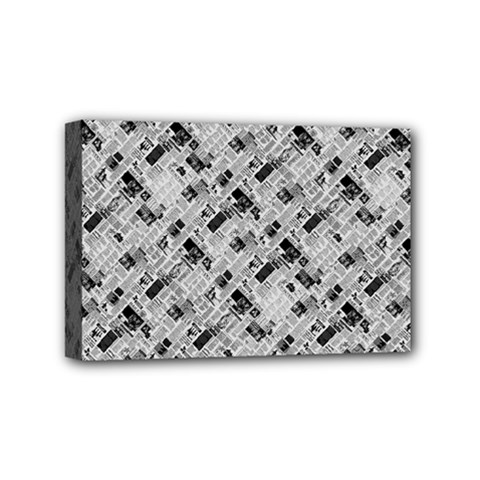 8 bit newspaper pattern, gazette collage black and white Mini Canvas 6  x 4  (Stretched)