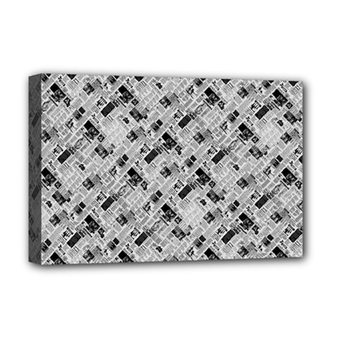 8 bit newspaper pattern, gazette collage black and white Deluxe Canvas 18  x 12  (Stretched)