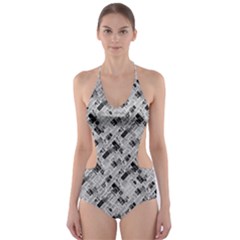 8 bit newspaper pattern, gazette collage black and white Cut-Out One Piece Swimsuit