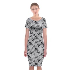 8 bit newspaper pattern, gazette collage black and white Classic Short Sleeve Midi Dress