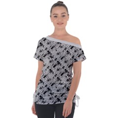 8 bit newspaper pattern, gazette collage black and white Off Shoulder Tie-Up Tee