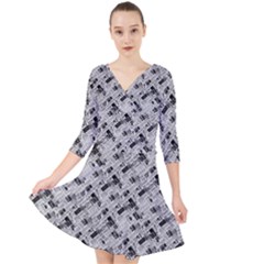 8 Bit Newspaper Pattern, Gazette Collage Black And White Quarter Sleeve Front Wrap Dress by Casemiro