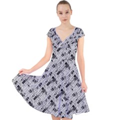 8 bit newspaper pattern, gazette collage black and white Cap Sleeve Front Wrap Midi Dress