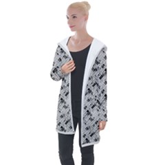 8 bit newspaper pattern, gazette collage black and white Longline Hooded Cardigan