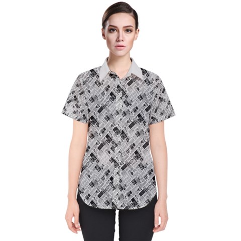 8 Bit Newspaper Pattern, Gazette Collage Black And White Women s Short Sleeve Shirt by Casemiro