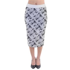 8 bit newspaper pattern, gazette collage black and white Velvet Midi Pencil Skirt