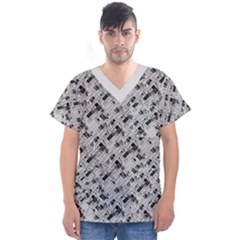 8 bit newspaper pattern, gazette collage black and white Men s V-Neck Scrub Top