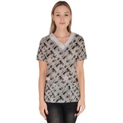 8 bit newspaper pattern, gazette collage black and white Women s V-Neck Scrub Top