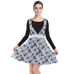 8 bit newspaper pattern, gazette collage black and white Plunge Pinafore Dress