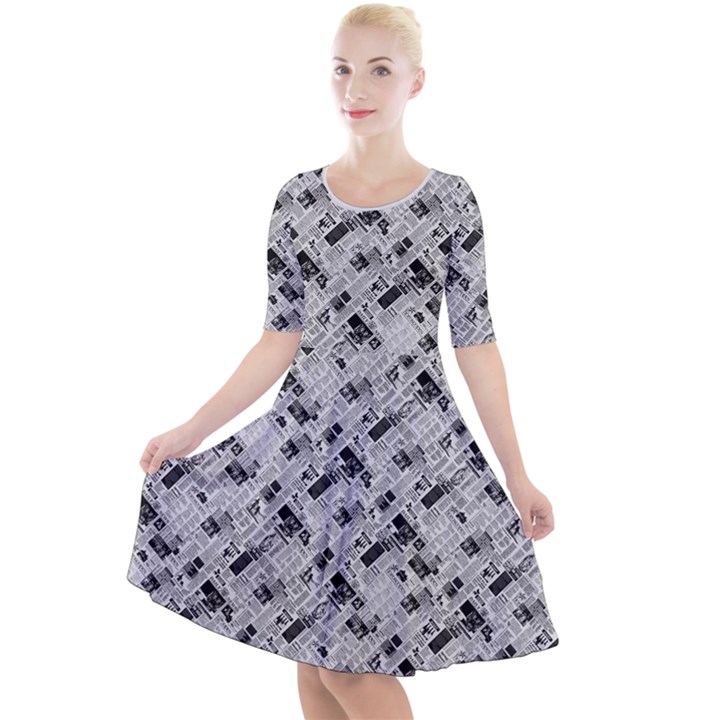 8 bit newspaper pattern, gazette collage black and white Quarter Sleeve A-Line Dress