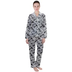 8 bit newspaper pattern, gazette collage black and white Satin Long Sleeve Pajamas Set