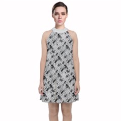 8 bit newspaper pattern, gazette collage black and white Velvet Halter Neckline Dress 