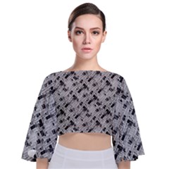 8 bit newspaper pattern, gazette collage black and white Tie Back Butterfly Sleeve Chiffon Top