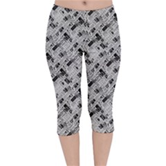 8 bit newspaper pattern, gazette collage black and white Velvet Capri Leggings 