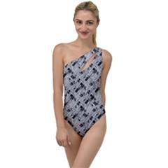 8 bit newspaper pattern, gazette collage black and white To One Side Swimsuit