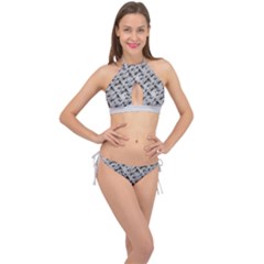 8 bit newspaper pattern, gazette collage black and white Cross Front Halter Bikini Set