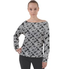 8 bit newspaper pattern, gazette collage black and white Off Shoulder Long Sleeve Velour Top