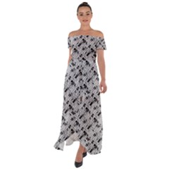 8 Bit Newspaper Pattern, Gazette Collage Black And White Off Shoulder Open Front Chiffon Dress by Casemiro