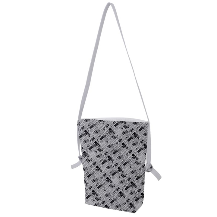 8 bit newspaper pattern, gazette collage black and white Folding Shoulder Bag