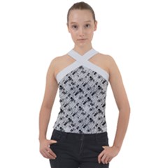 8 Bit Newspaper Pattern, Gazette Collage Black And White Cross Neck Velour Top by Casemiro