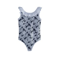 8 bit newspaper pattern, gazette collage black and white Kids  Frill Swimsuit