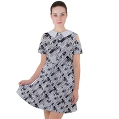 8 bit newspaper pattern, gazette collage black and white Short Sleeve Shoulder Cut Out Dress 