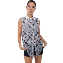 8 bit newspaper pattern, gazette collage black and white Sleeveless Chiffon Button Shirt