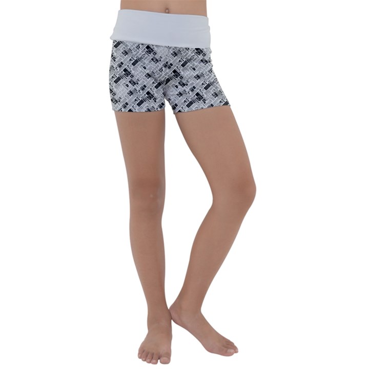 8 bit newspaper pattern, gazette collage black and white Kids  Lightweight Velour Yoga Shorts