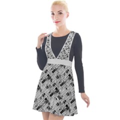 8 bit newspaper pattern, gazette collage black and white Plunge Pinafore Velour Dress