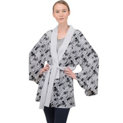 8 bit newspaper pattern, gazette collage black and white Long Sleeve Velvet Kimono 