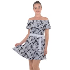 8 bit newspaper pattern, gazette collage black and white Off Shoulder Velour Dress