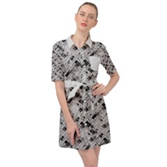 8 Bit Newspaper Pattern, Gazette Collage Black And White Belted Shirt Dress by Casemiro