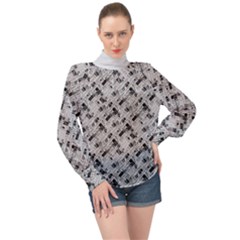 8 bit newspaper pattern, gazette collage black and white High Neck Long Sleeve Chiffon Top