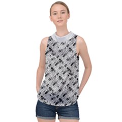 8 Bit Newspaper Pattern, Gazette Collage Black And White High Neck Satin Top by Casemiro