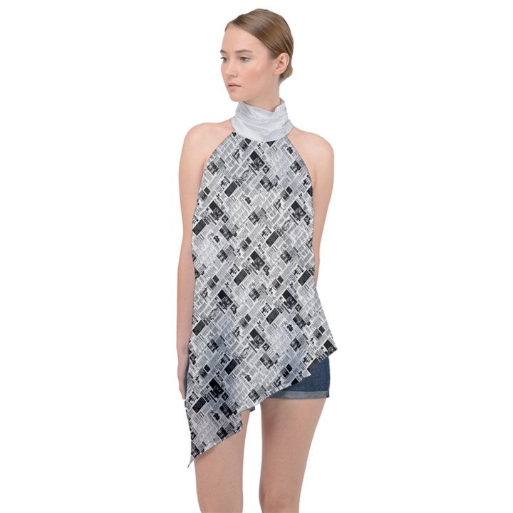 8 bit newspaper pattern, gazette collage black and white Halter Asymmetric Satin Top