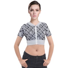 8 bit newspaper pattern, gazette collage black and white Short Sleeve Cropped Jacket