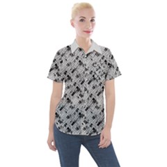 8 bit newspaper pattern, gazette collage black and white Women s Short Sleeve Pocket Shirt