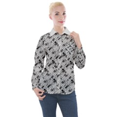 8 bit newspaper pattern, gazette collage black and white Women s Long Sleeve Pocket Shirt