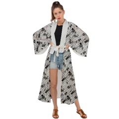 8 bit newspaper pattern, gazette collage black and white Maxi Kimono