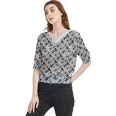 8 bit newspaper pattern, gazette collage black and white Quarter Sleeve Blouse