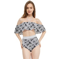 8 bit newspaper pattern, gazette collage black and white Halter Flowy Bikini Set 