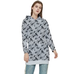 8 bit newspaper pattern, gazette collage black and white Women s Long Oversized Pullover Hoodie