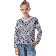 8 bit newspaper pattern, gazette collage black and white Kids  Long Sleeve Tee with Frill 