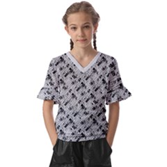 8 Bit Newspaper Pattern, Gazette Collage Black And White Kids  V-neck Horn Sleeve Blouse by Casemiro