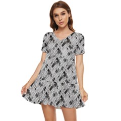 8 bit newspaper pattern, gazette collage black and white Tiered Short Sleeve Mini Dress