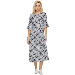 8 bit newspaper pattern, gazette collage black and white Double Cuff Midi Dress