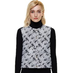 8 bit newspaper pattern, gazette collage black and white Women s Short Button Up Puffer Vest