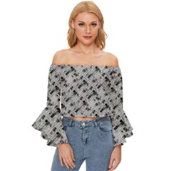 8 Bit Newspaper Pattern, Gazette Collage Black And White Off Shoulder Flutter Bell Sleeve Top