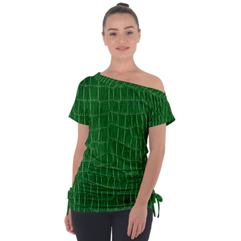 Crocodile Leather Green Off Shoulder Tie-up Tee by skindeep