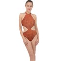 Faux Leather Brown 2 Halter Side Cut Swimsuit View1